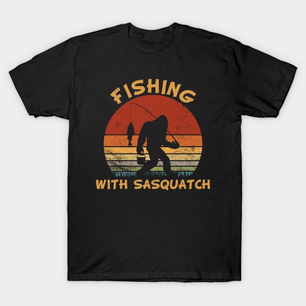 Fishing With Sasquatch Blood Moon Vintage T-Shirt by kimmygoderteart